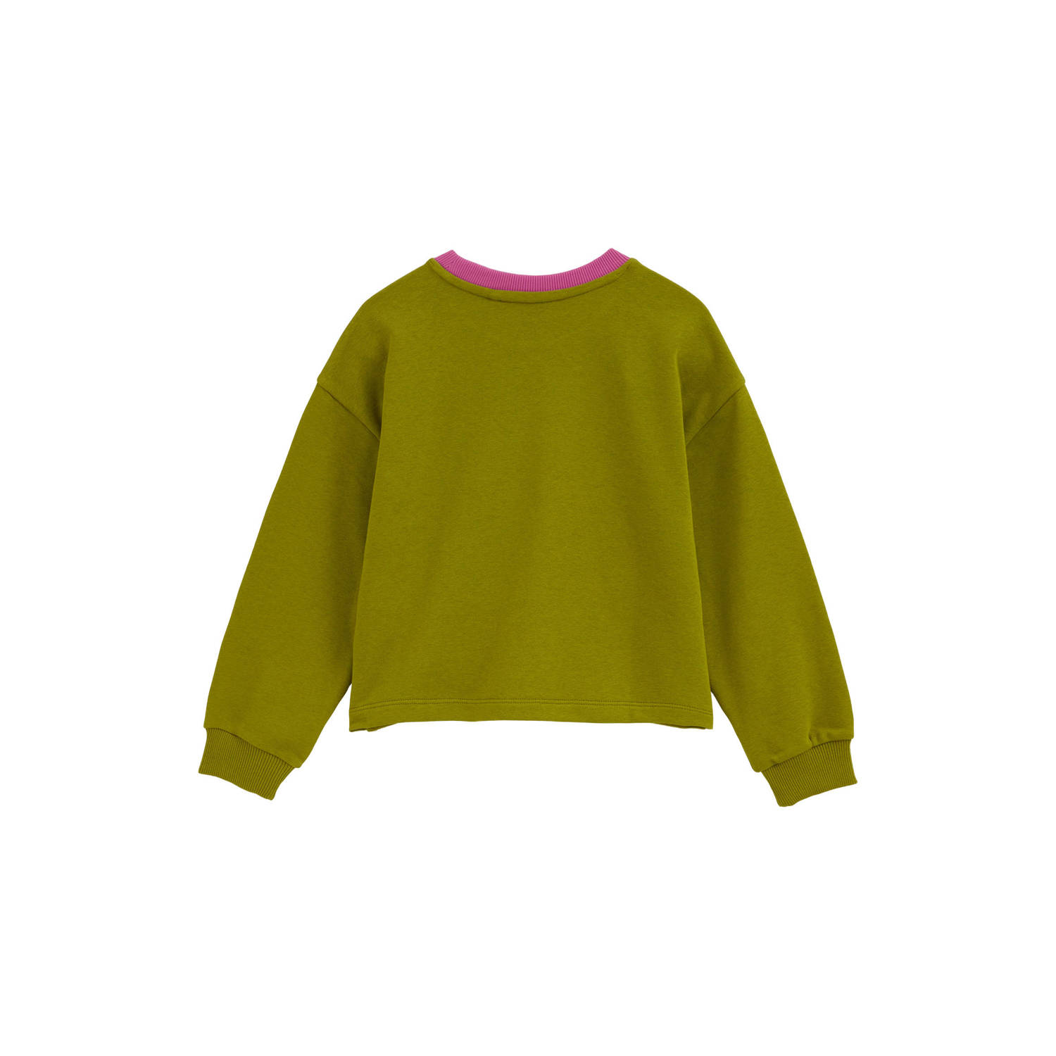 WE Fashion sweater met tekst olijfgroen roze