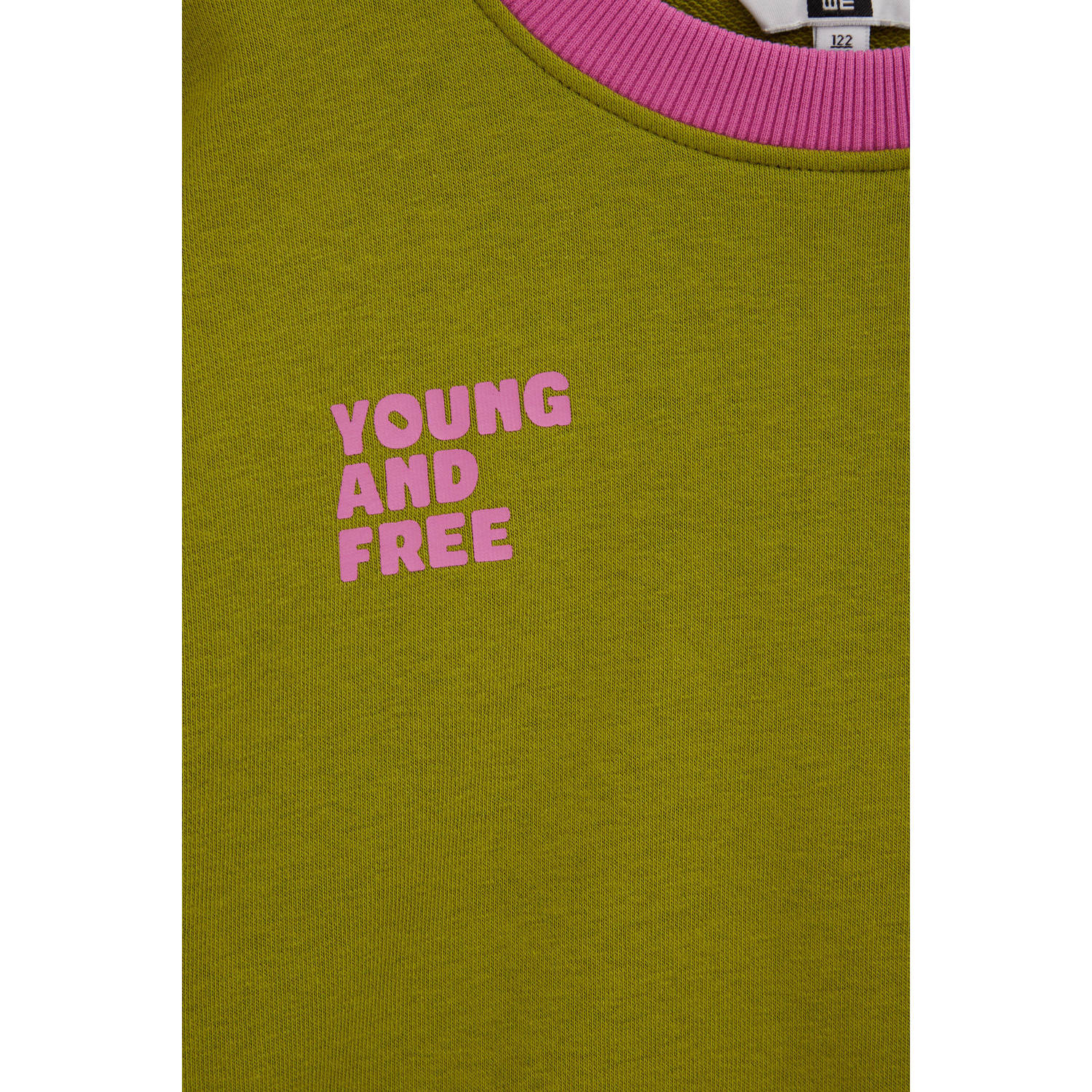 WE Fashion sweater met tekst olijfgroen roze