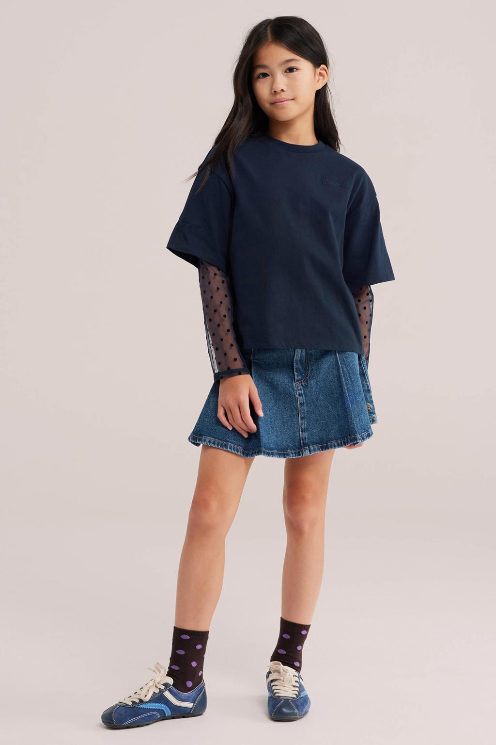 WE Fashion longsleeve met stippen - donkerblauw