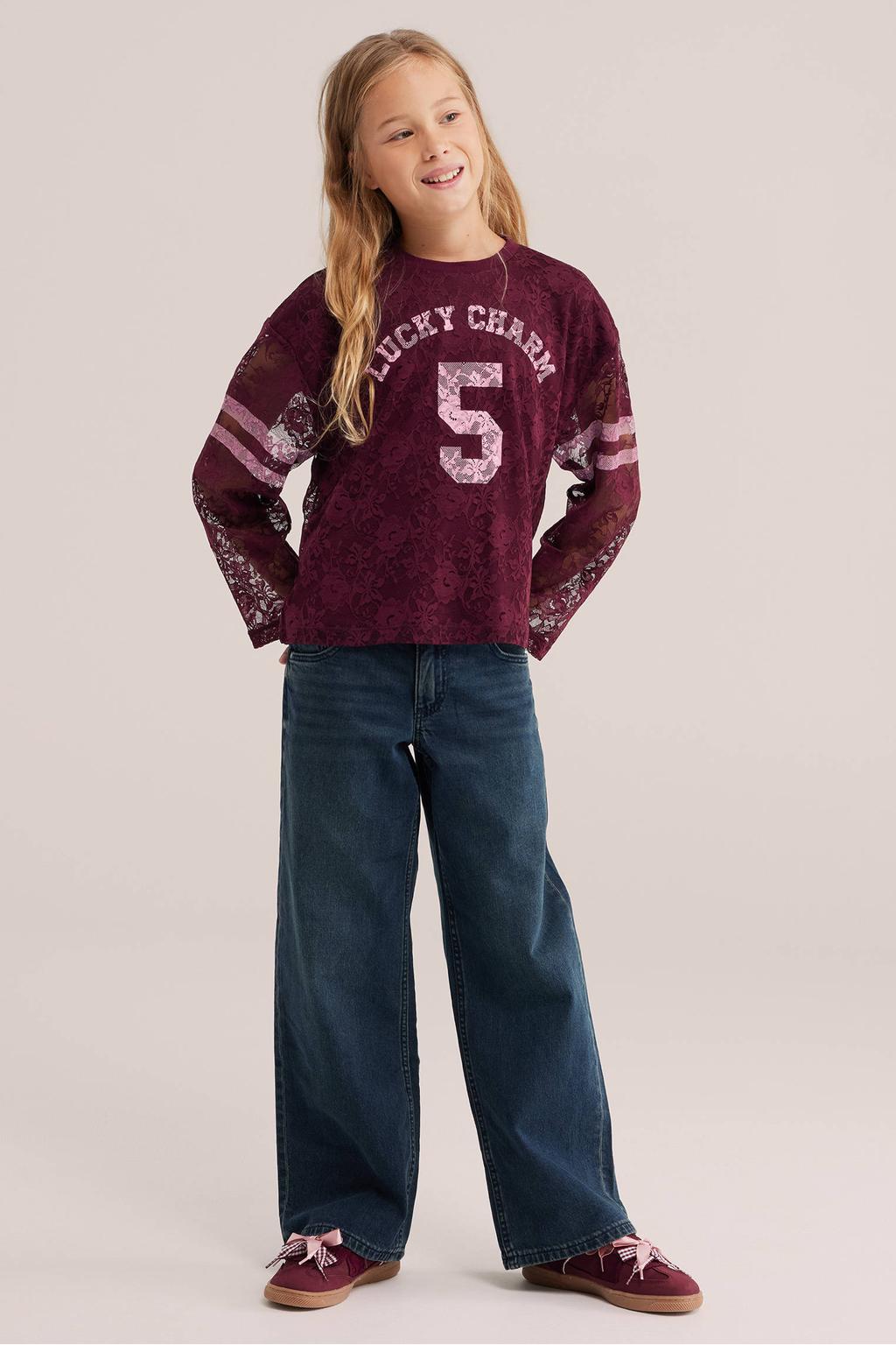 WE Fashion kanten gestreepte longsleeve met tekst - donkerrood/roze