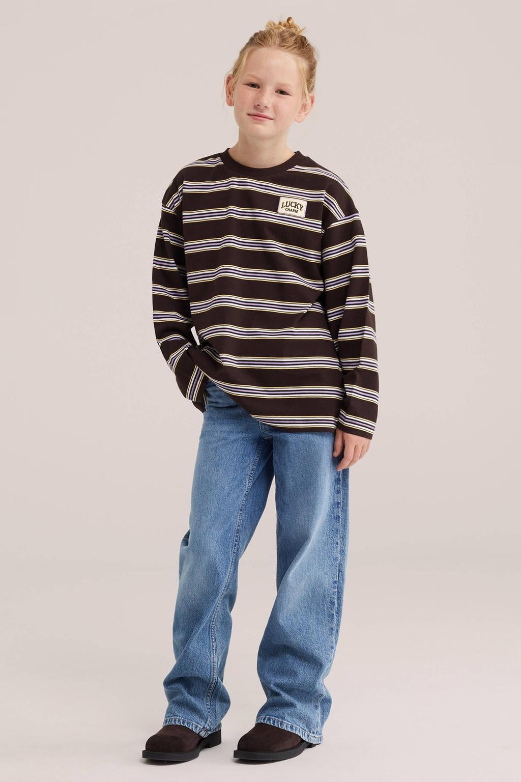 WE Fashion gestreepte longsleeve - donkerbruin/paars/geel