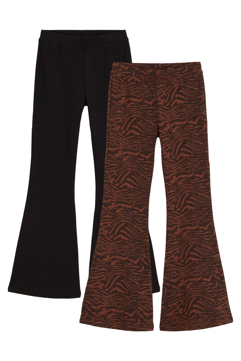 Set van 2 zwart en bruine meisjes WE Fashion flared leggings van stretchkatoen met elastische tailleband en effen