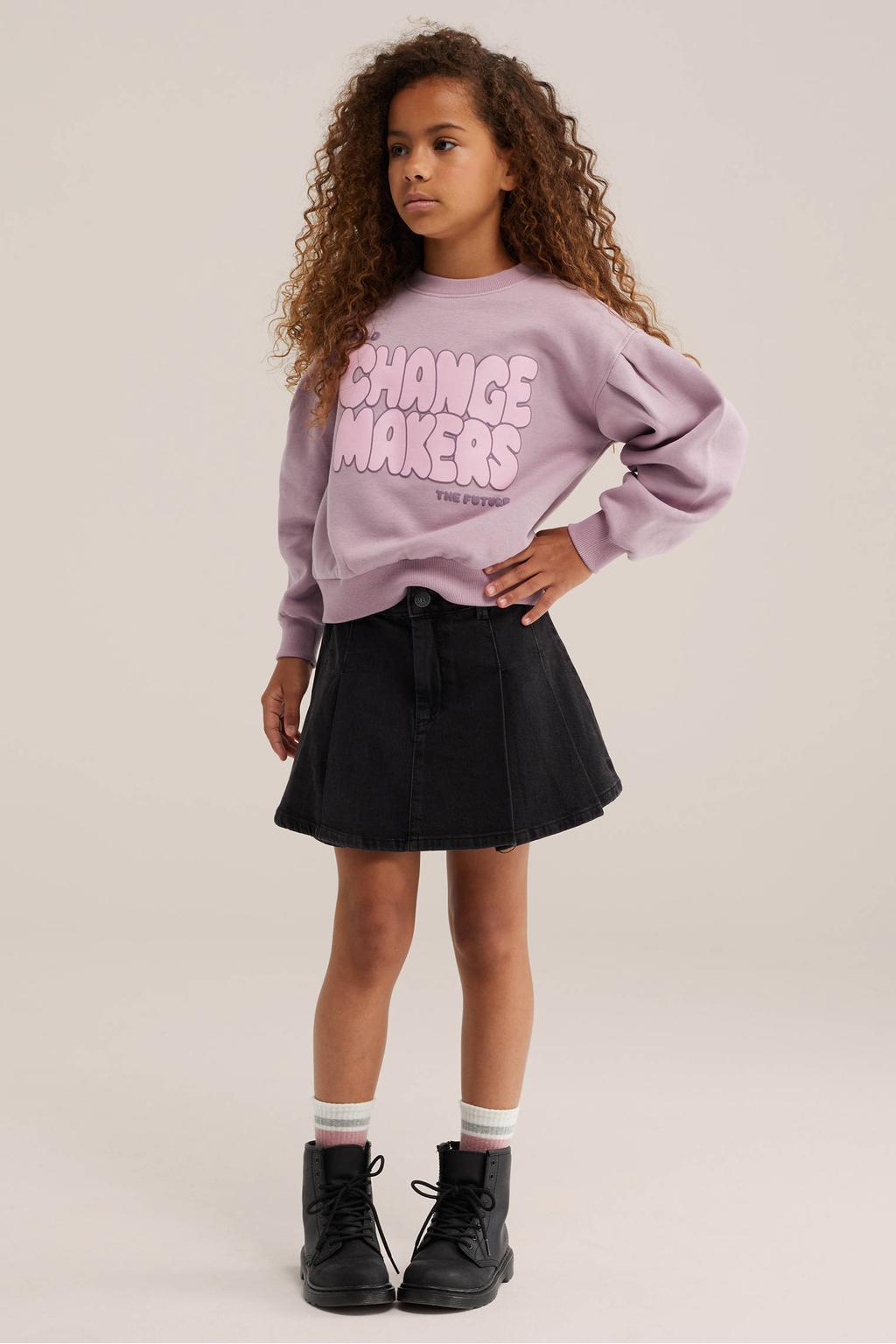 Lilakleurige meisjes WE Fashion sweater van katoen met printopdruk, lange mouwen, ronde hals en geribde boorden