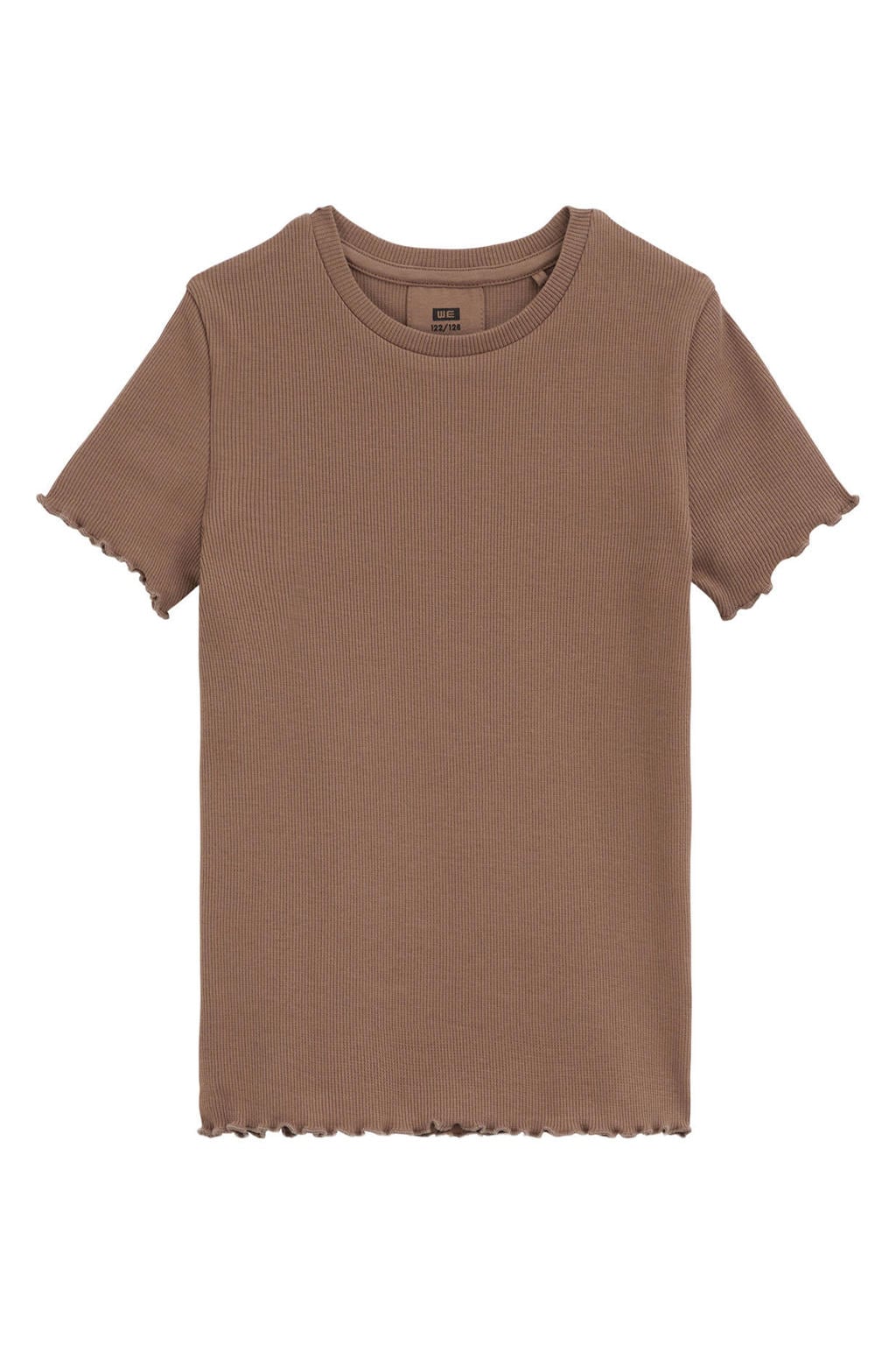 Bruine meisjes WE Fashion T-shirt van stretchkatoen met effen, korte mouwen, ronde hals en rib gebreide details
