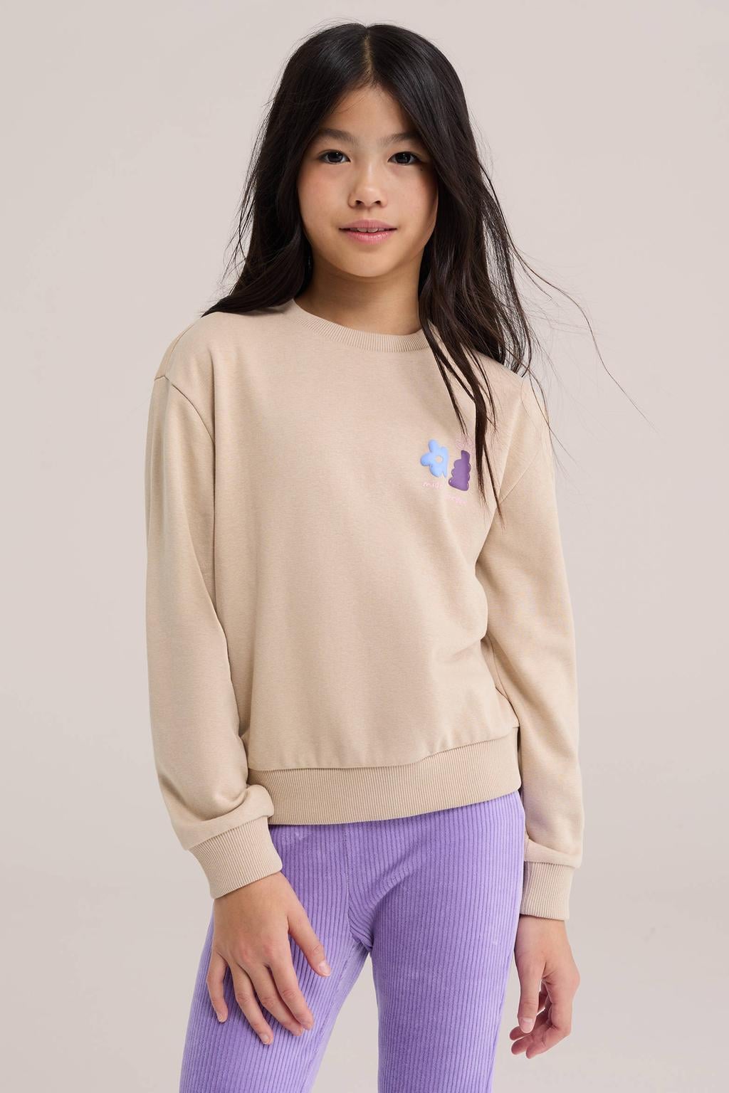 Beige meisjes WE Fashion sweater met backprint, lange mouwen, ronde hals en geribde boorden