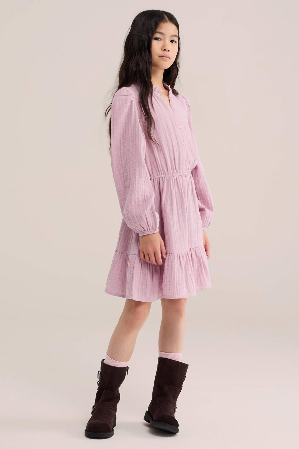 Roze meisjes WE Fashion midi jurk van katoen met effen, lange mouwen, V-hals en elastische boord