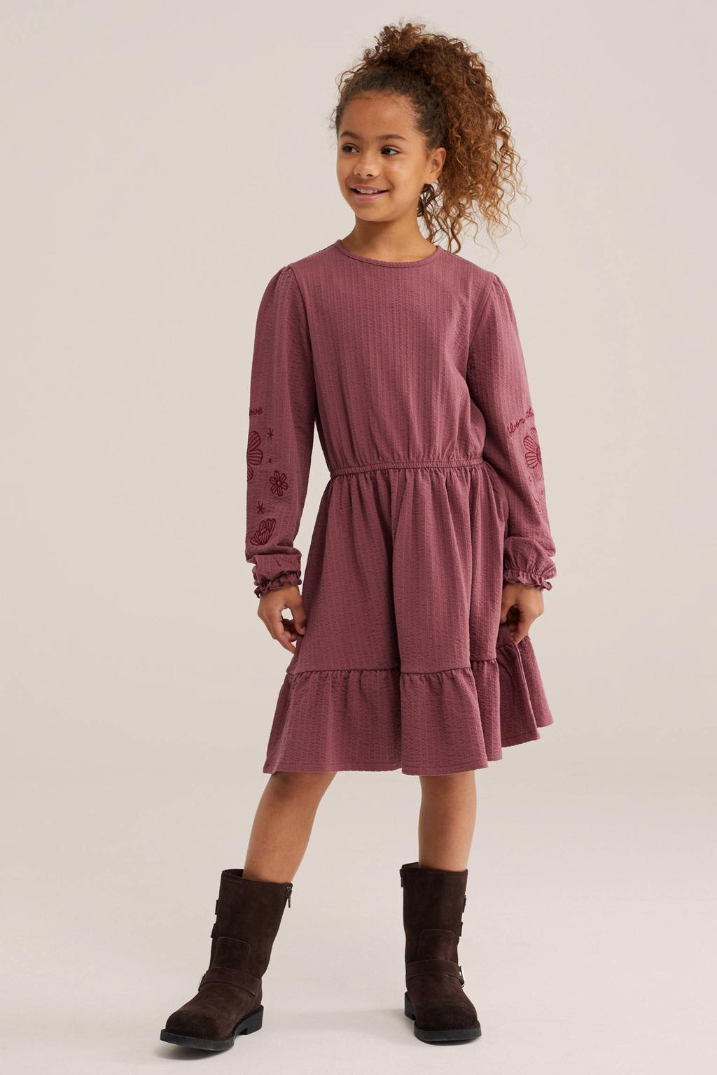 Oudroze meisjes WE Fashion korte jurk van katoen met effen, lange mouwen, ronde hals, knoopsluiting en borduursels