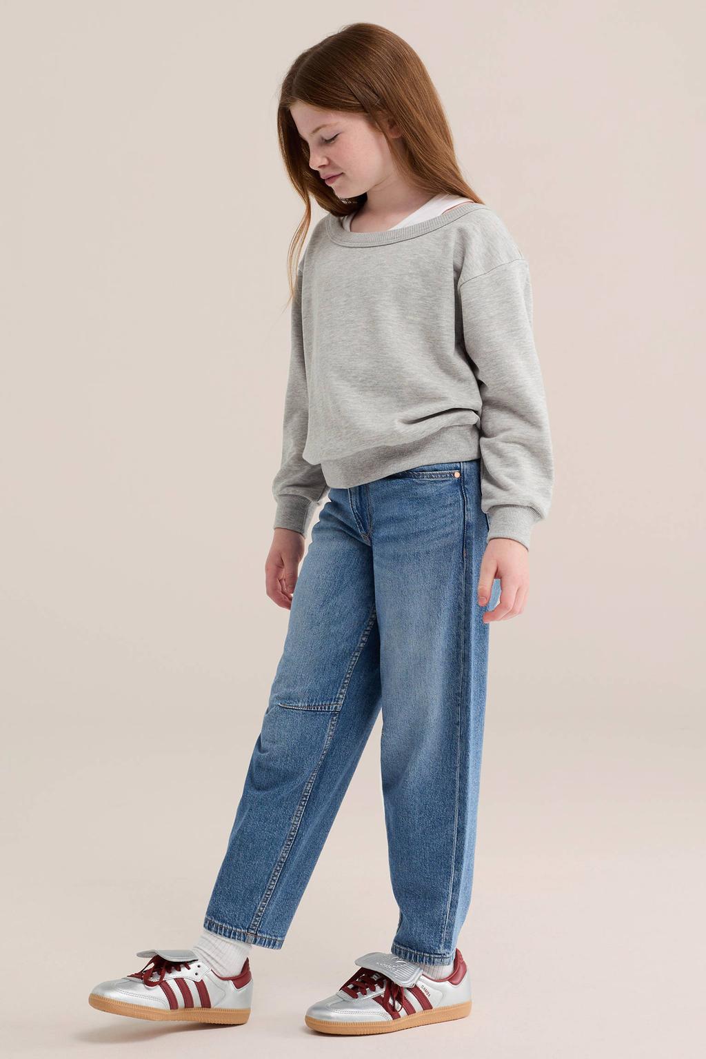 Grijs melange meisjes WE Fashion sweater met effen, lange mouwen, boothals en geribde boorden