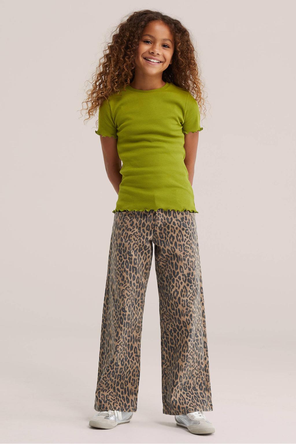 Olijfgroene meisjes WE Fashion T-shirt van stretchkatoen met effen, korte mouwen, ronde hals en rib gebreide details
