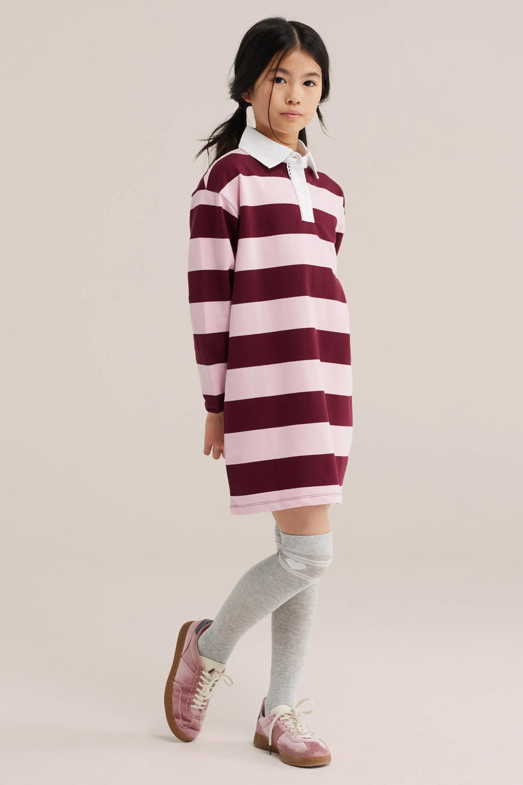 WE Fashion gestreepte midi jurk - lichtroze