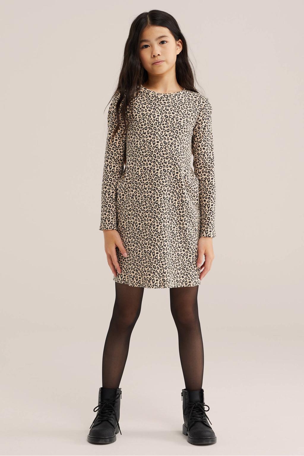 Beige meisjes WE Fashion midi jurk van stretchkatoen met effen, lange mouwen en ronde hals