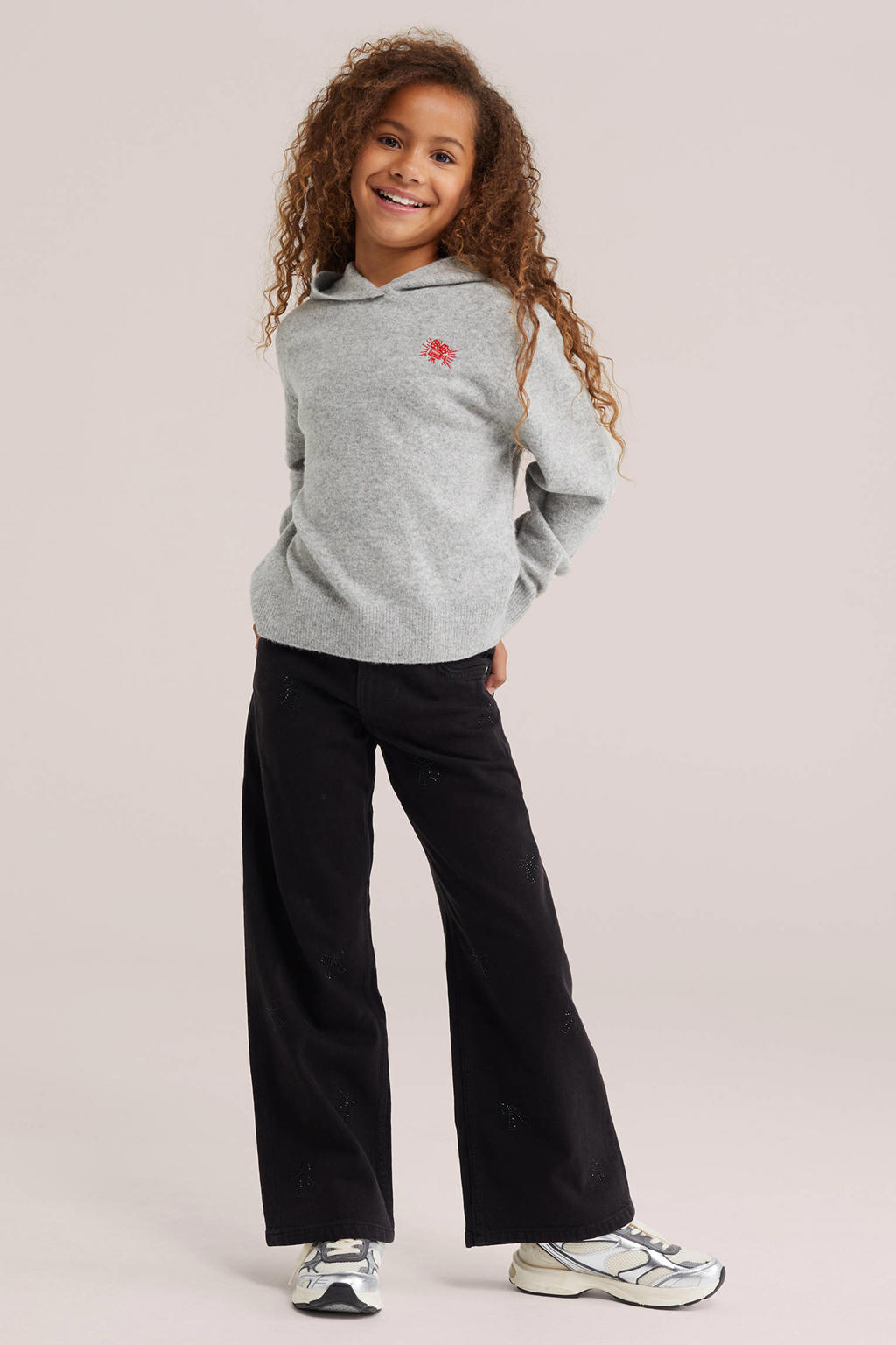 Grijs melange meisjes WE Fashion gebreide trui en wol met lange mouwen en borduursels