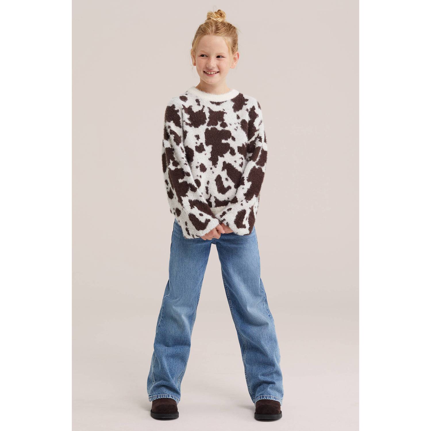 WE Fashion gebreide trui met dierenprint wit bruin