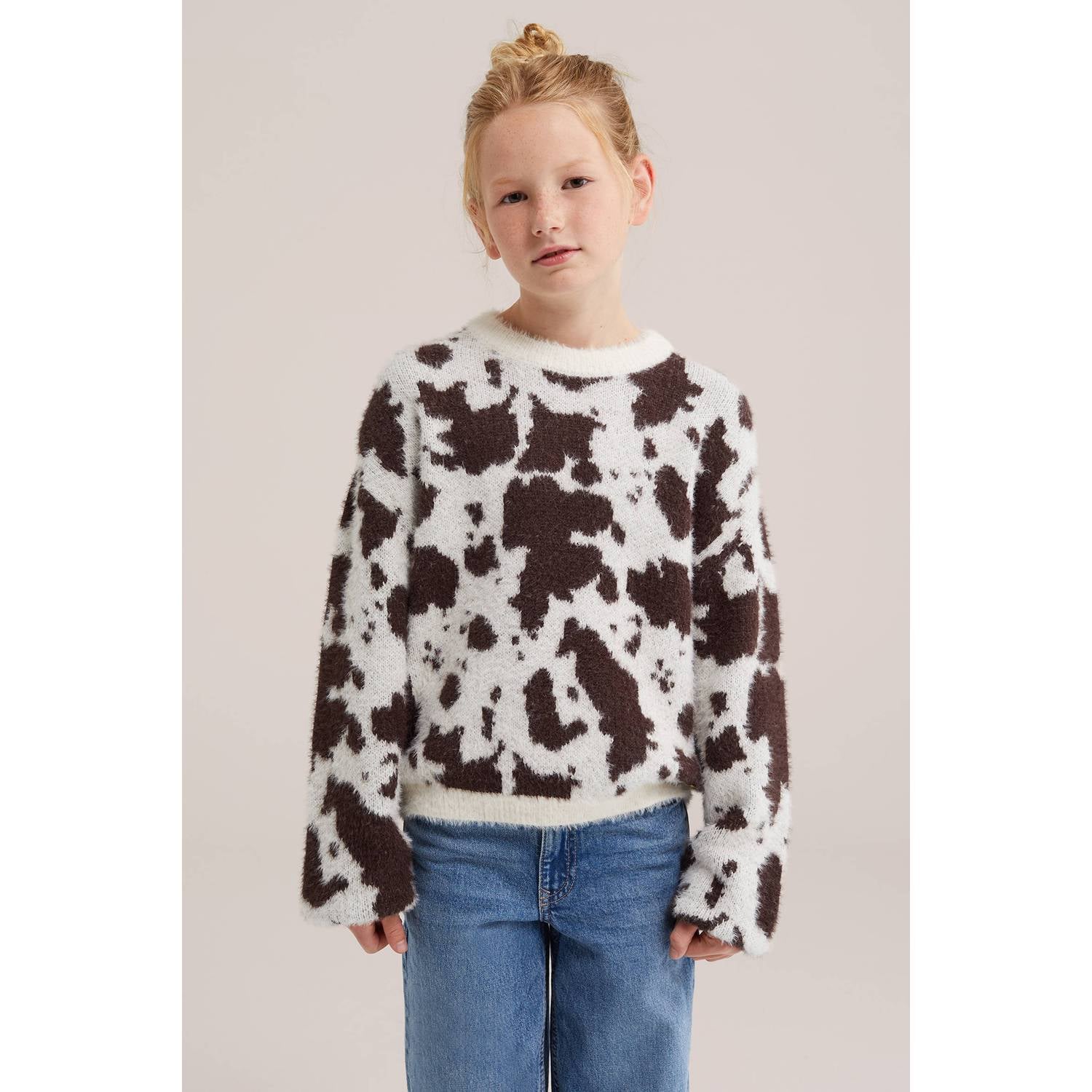 WE Fashion gebreide trui met dierenprint wit bruin