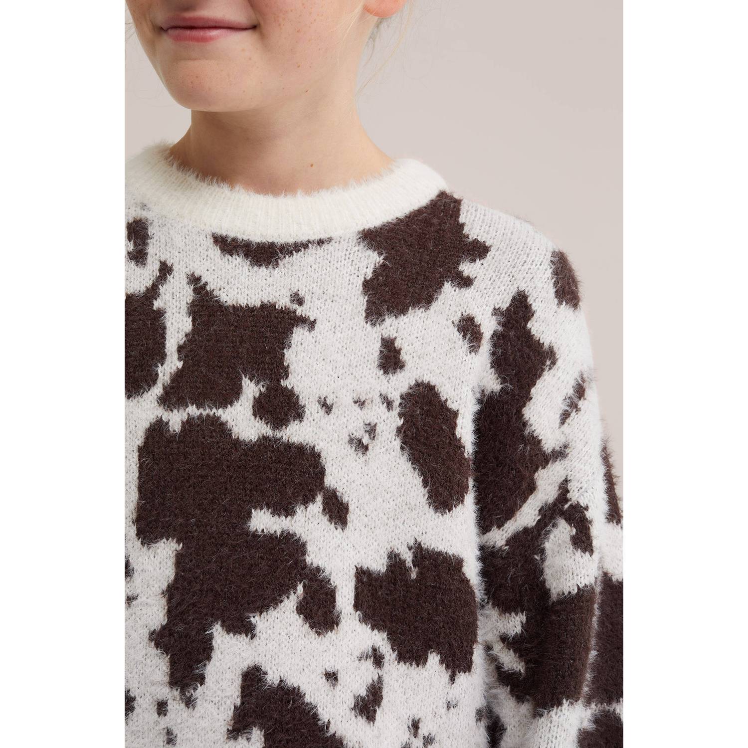 WE Fashion gebreide trui met dierenprint wit bruin