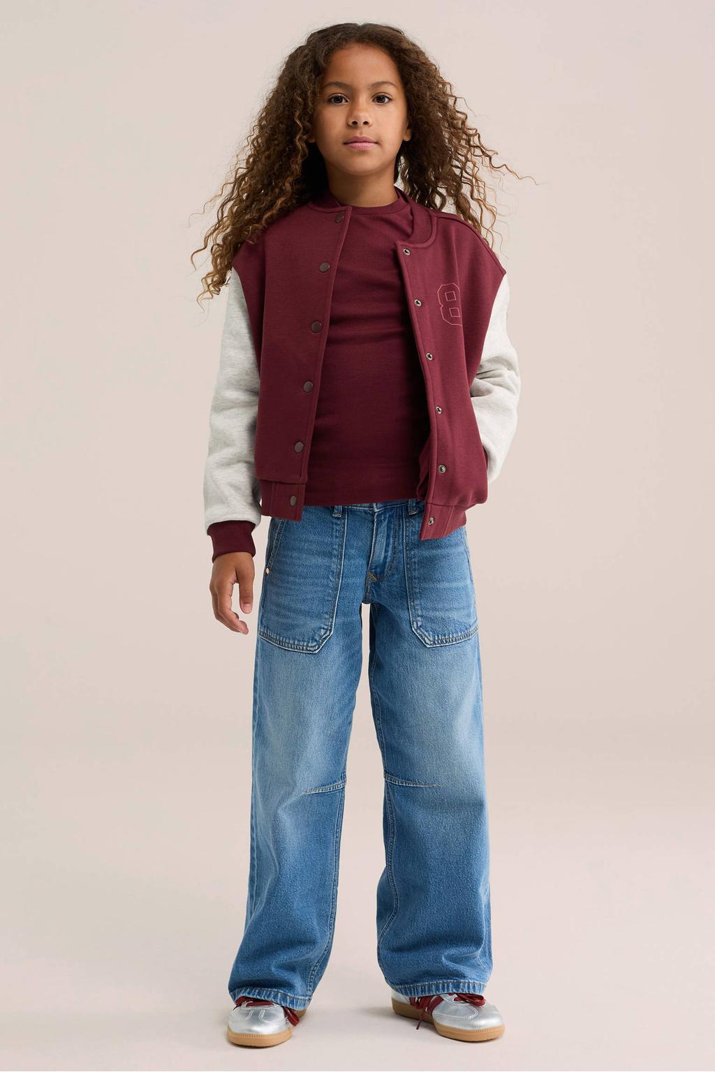 Donkerrode meisjes WE Fashion longsleeve van katoen met effen, lange mouwen en ronde hals
