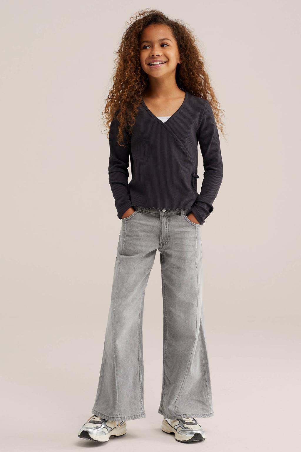 Antraciete meisjes WE Fashion longsleeve van stretchkatoen met effen, lange mouwen en ronde hals