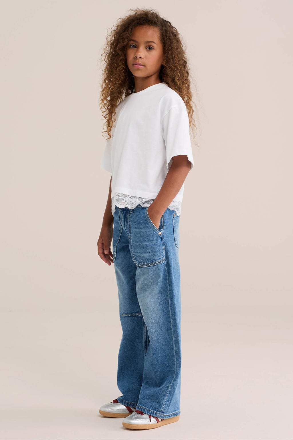 Witte meisjes WE Fashion T-shirt van katoen met effen, korte mouwen en ronde hals