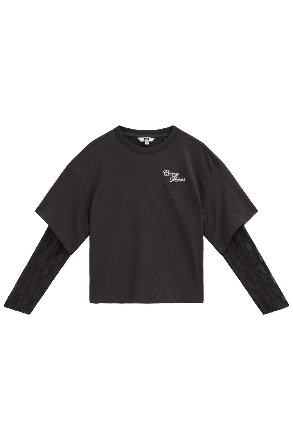 Antraciete meisjes WE Fashion longsleeve van katoen met printopdruk, lange mouwen, ronde hals en kant