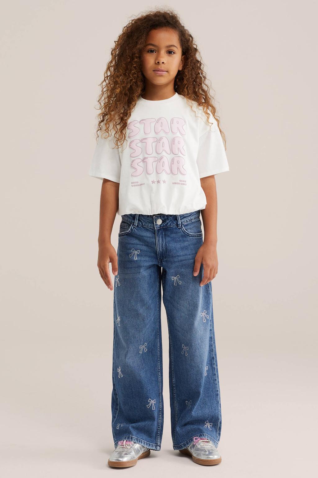 Wit en lichtroze meisjes WE Fashion T-shirt van katoen met printopdruk, korte mouwen, ronde hals en elastische boord