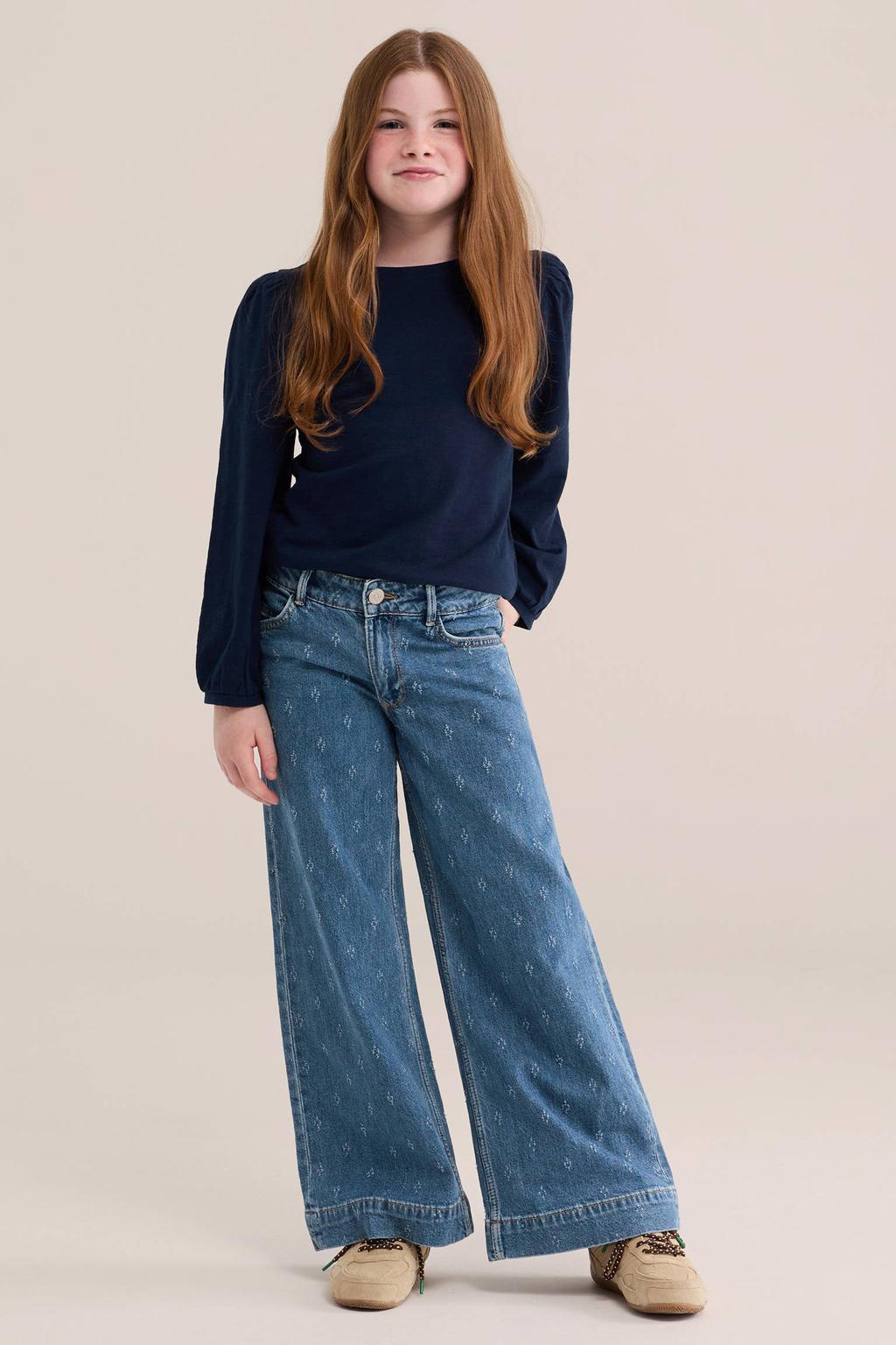 Donkerblauwe meisjes WE Fashion blousetop van katoen met effen, lange mouwen, ronde hals en elastische boord