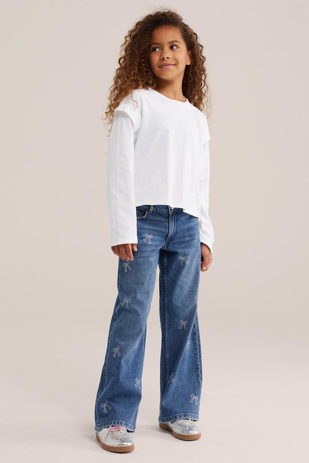 Witte meisjes WE Fashion longsleeve van katoen met effen, lange mouwen en ronde hals