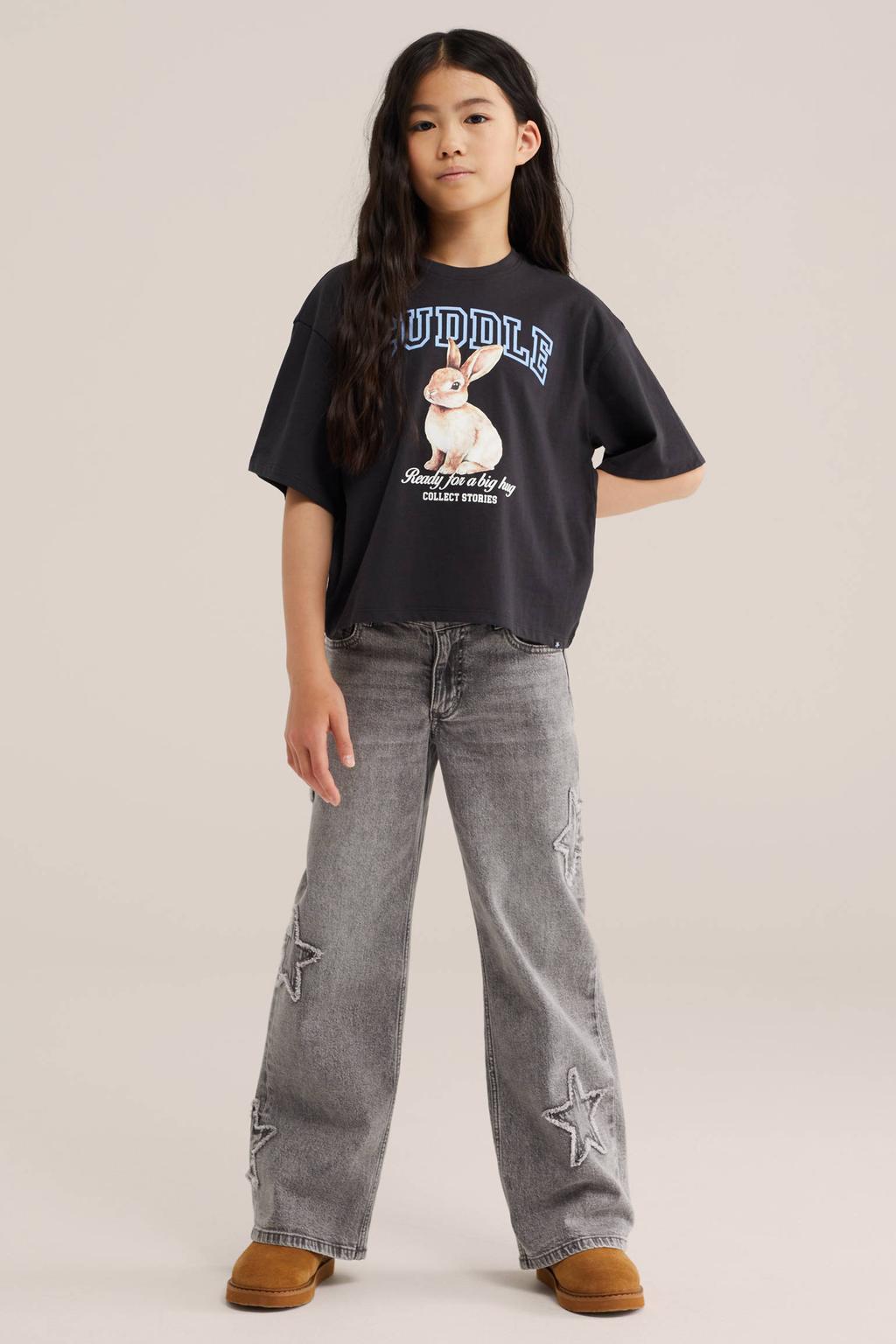 Antraciete meisjes WE Fashion T-shirt van katoen met printopdruk, korte mouwen en ronde hals