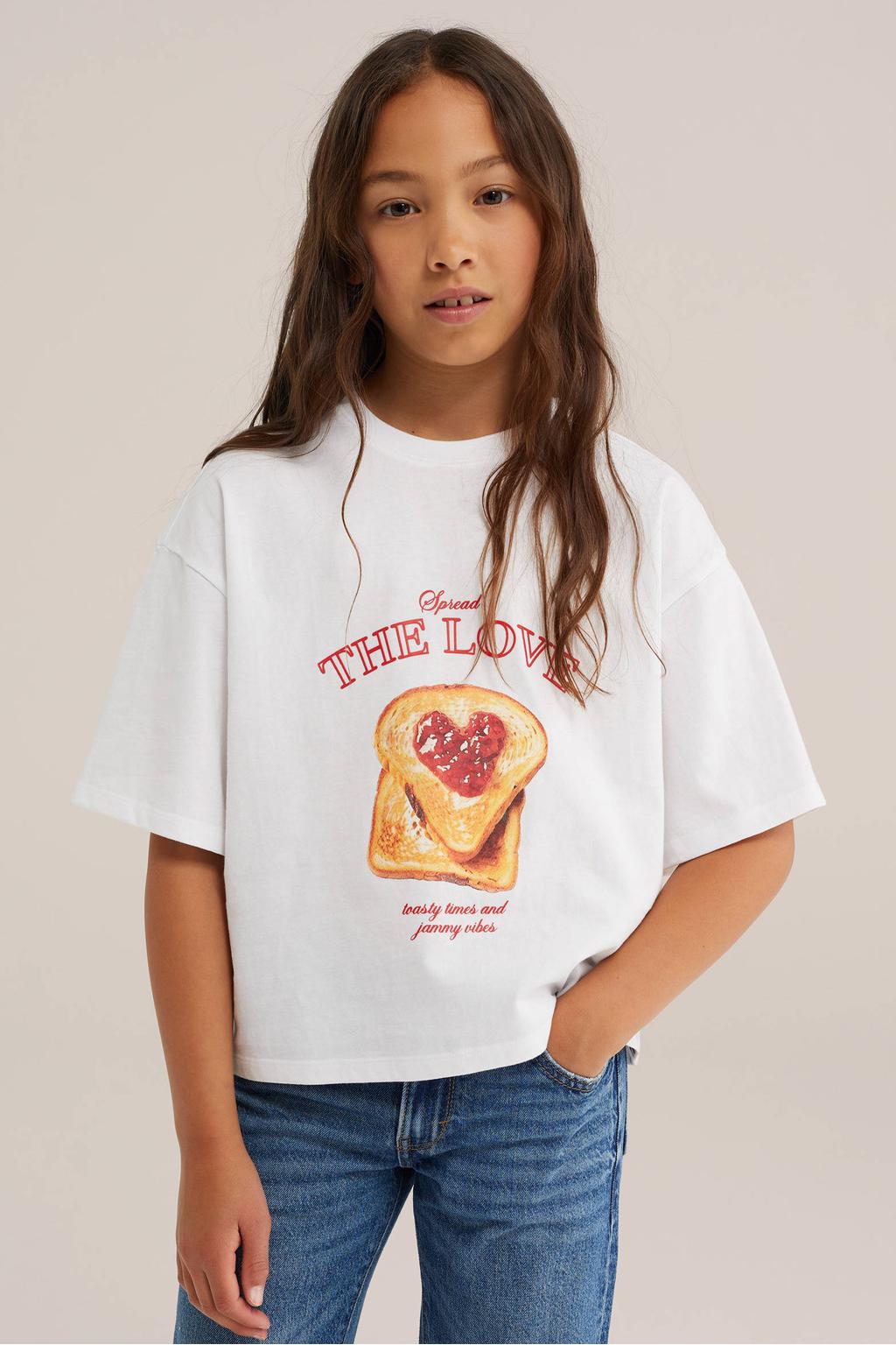 Witte meisjes WE Fashion T-shirt van katoen met printopdruk, korte mouwen en ronde hals