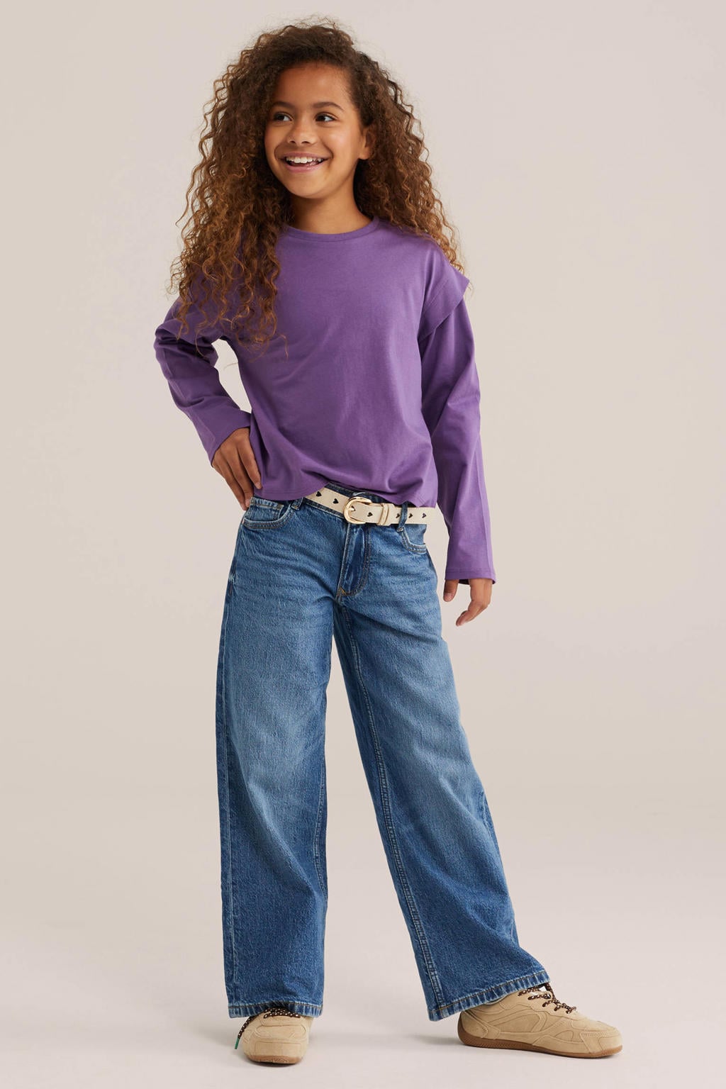 Paarse meisjes WE Fashion longsleeve van katoen met effen, lange mouwen en ronde hals