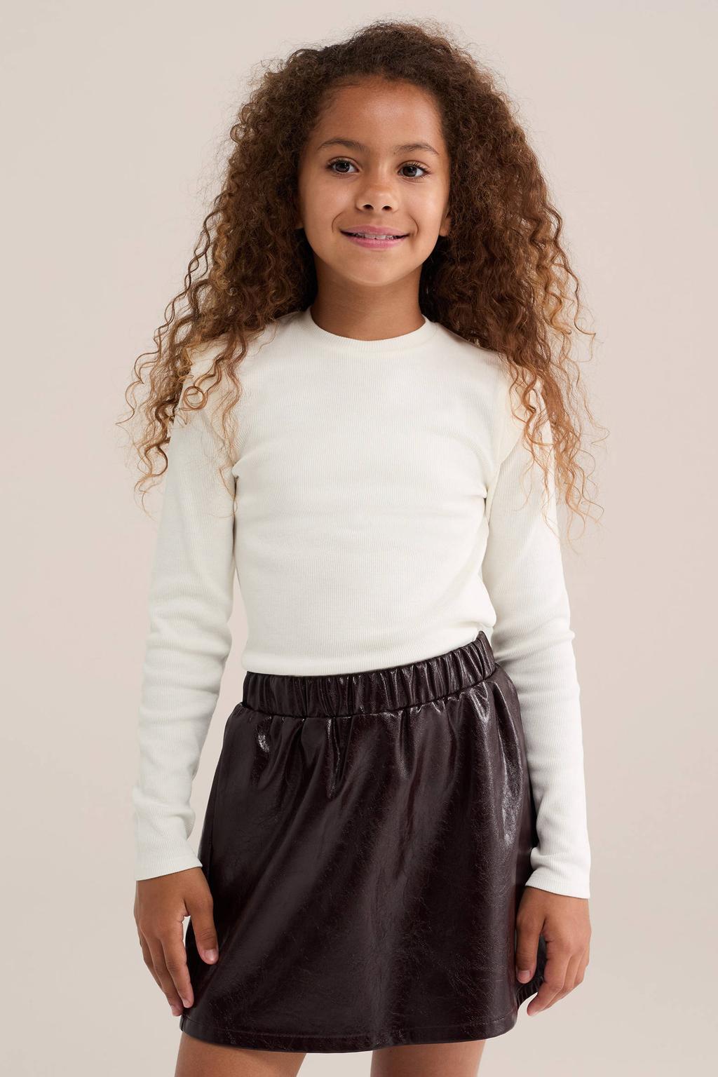 Witte meisjes WE Fashion longsleeve van katoen met effen, lange mouwen en ronde hals