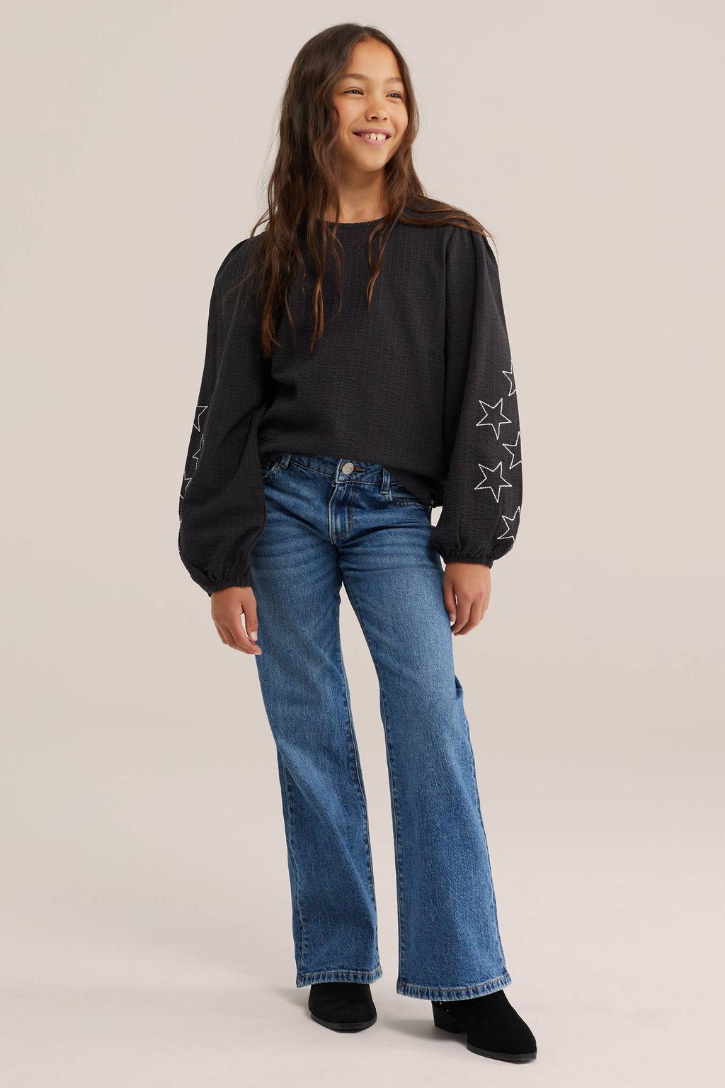 Zwarte meisjes WE Fashion blousetop en sterren met lange mouwen, ronde hals en borduursels