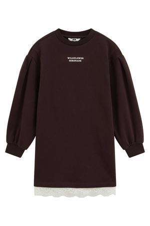 korte sweatjurk met tekst - donkerbruin