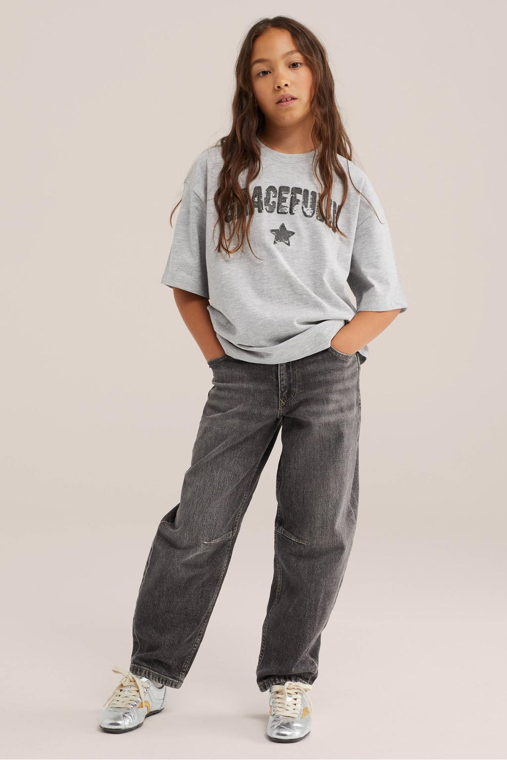 Lichtgrijze meisjes WE Fashion T-shirt van katoen met printopdruk, half lange mouwen en ronde hals