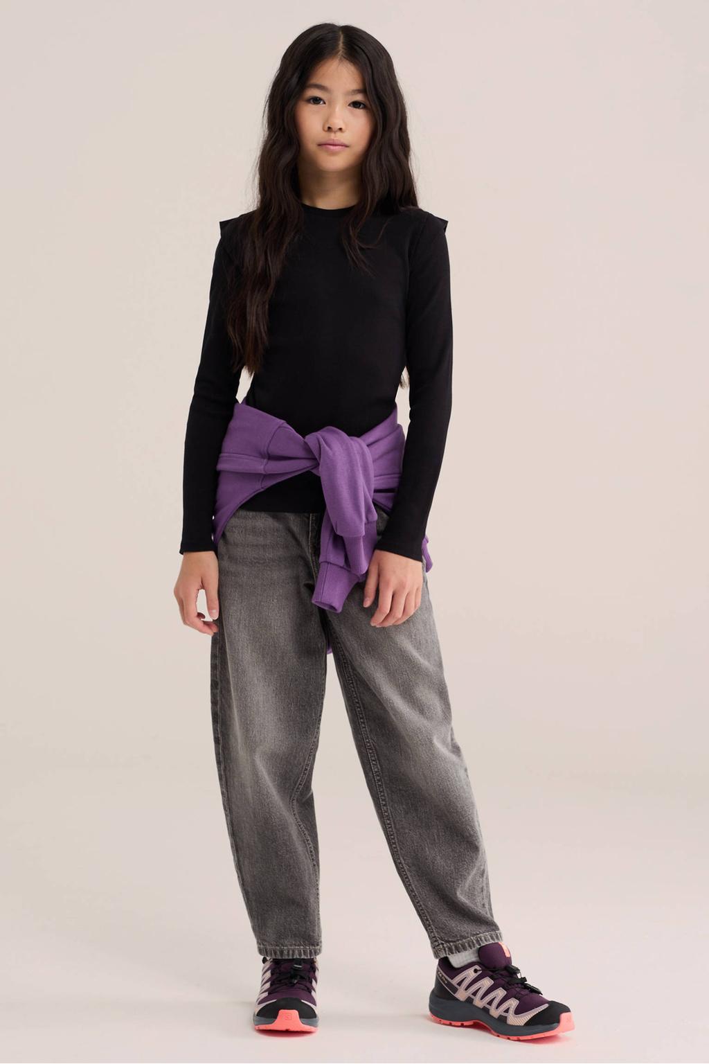Zwarte meisjes WE Fashion longsleeve van katoen met effen, lange mouwen en ronde hals
