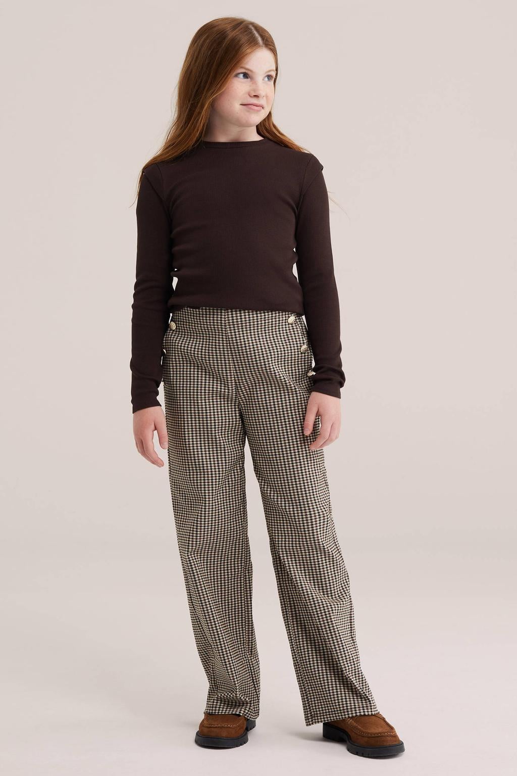 Bruine meisjes WE Fashion longsleeve van katoen met effen, lange mouwen en ronde hals