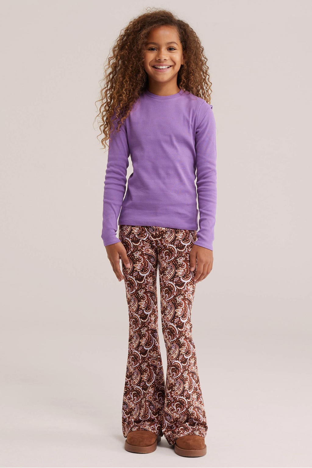 Paarse meisjes WE Fashion longsleeve van katoen met effen, lange mouwen en ronde hals