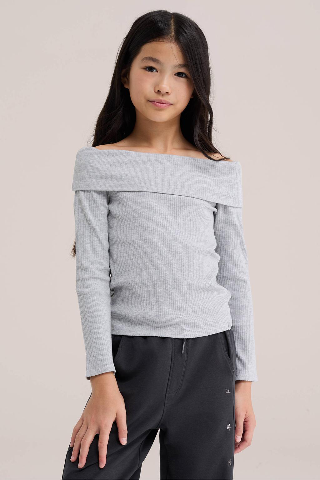 Grijs melange meisjes WE Fashion off shoulder gebreide top met lange mouwen