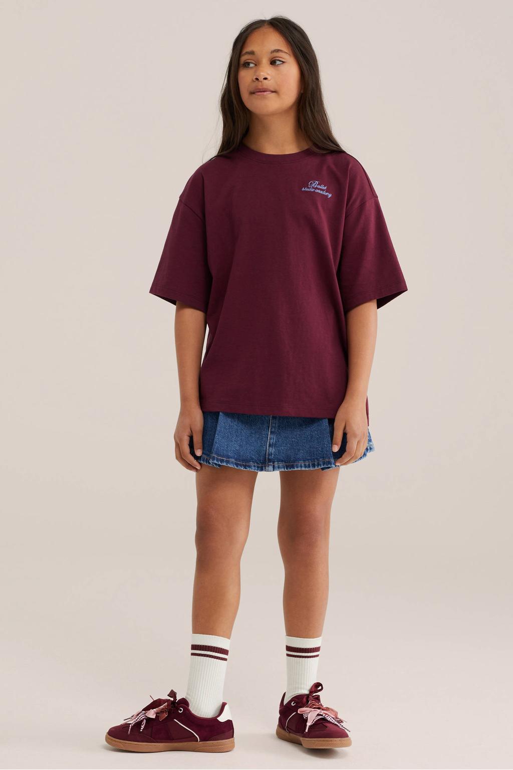 Donkerrode meisjes WE Fashion T-shirt van katoen met backprint, half lange mouwen en ronde hals