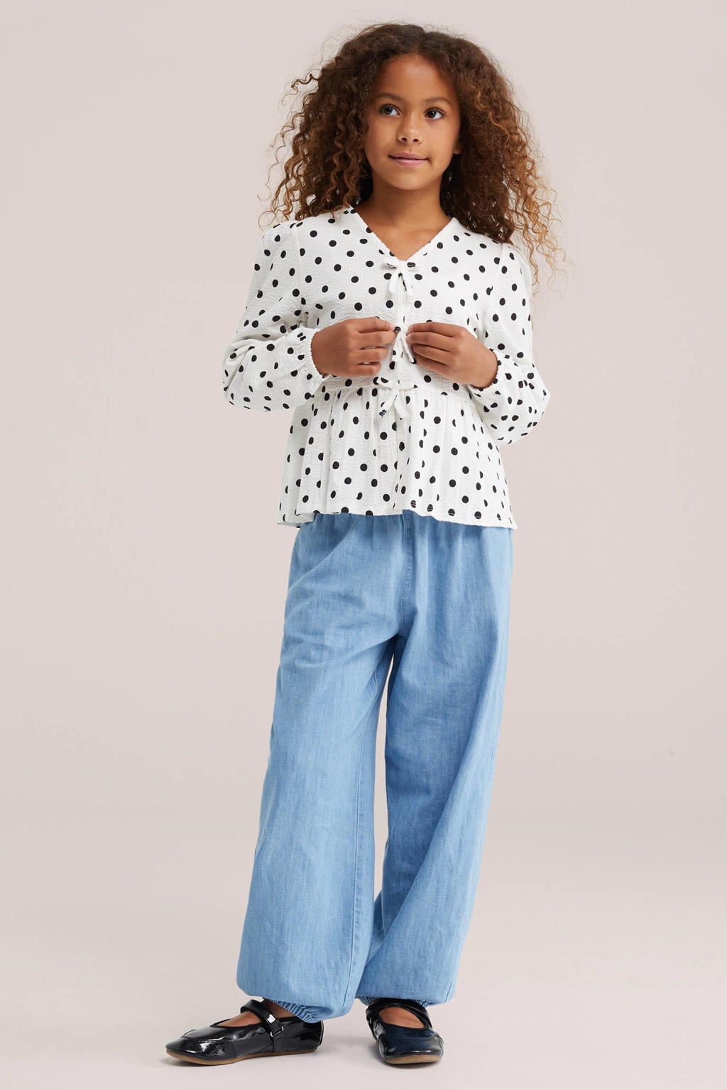 Wit en zwarte meisjes WE Fashion van katoen met effen, lange mouwen, V-hals en striksluiting