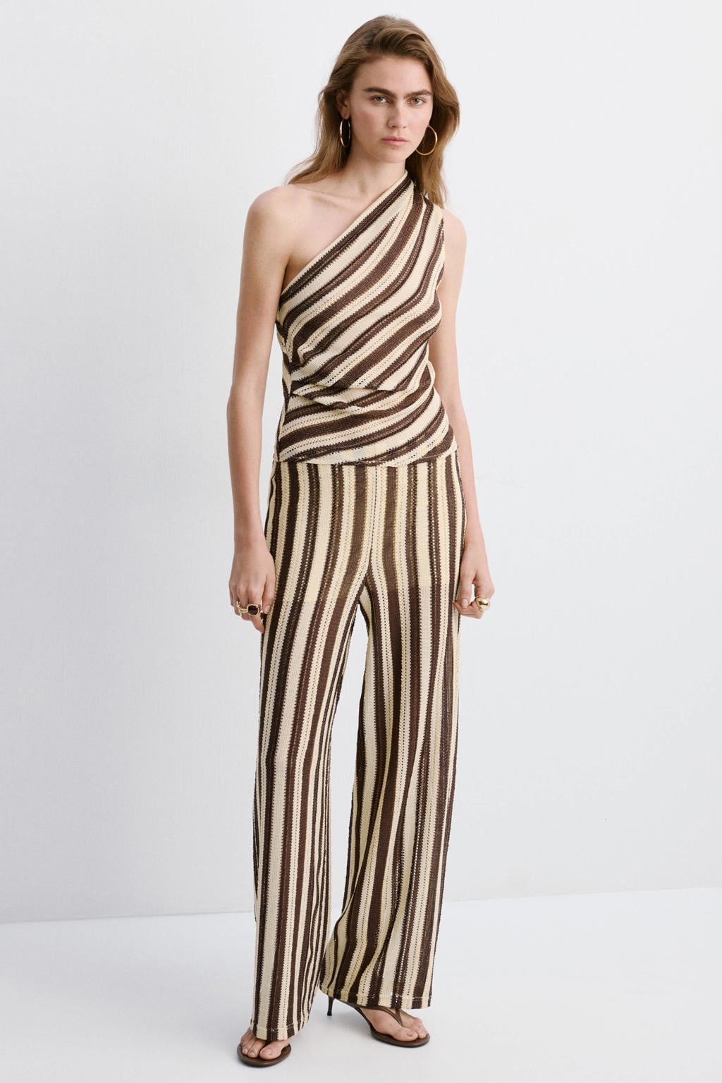 Bruin en ecru dames Mango wide leg regular waist gestreepte broek fijn gebreid