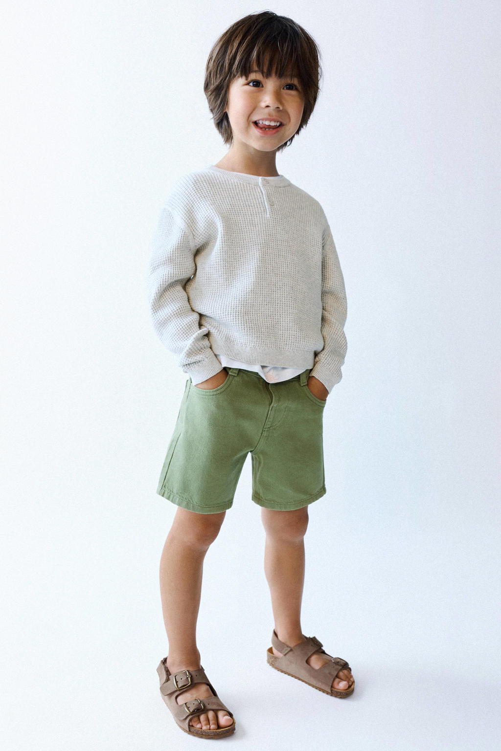 Kakikleurige jongens Mango Kids short van katoen met drukknoopsluiting en effen