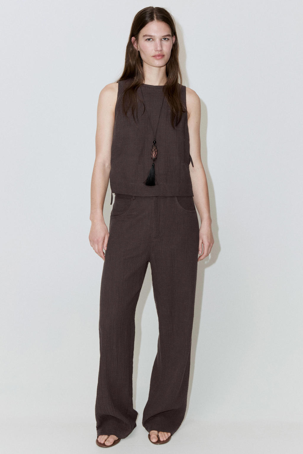 Bruine dames Mango top met effen, ronde hals en strikje