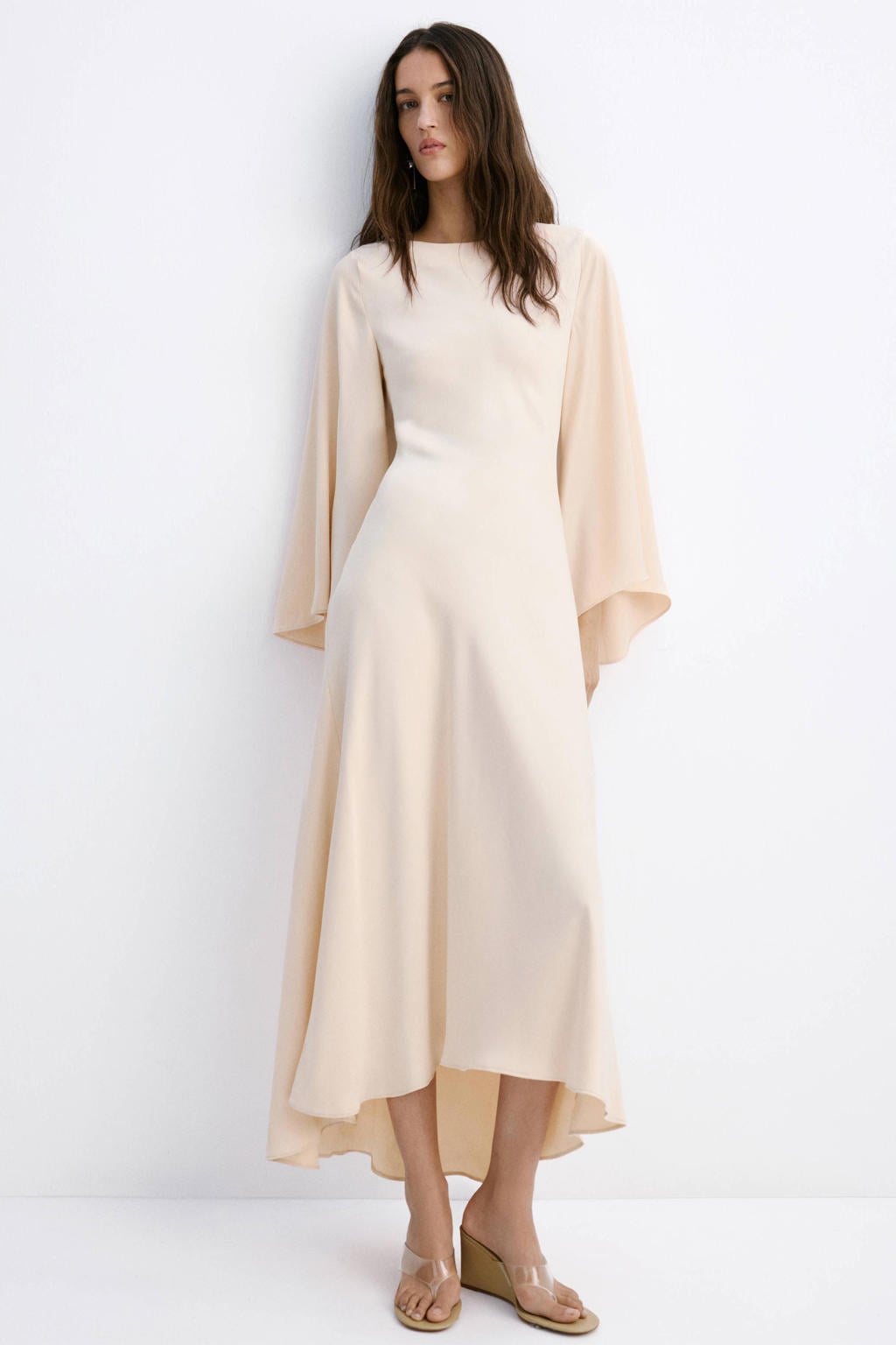 Ecru dames Mango midi jurk van polyester met effen, driekwart mouwen en ronde hals