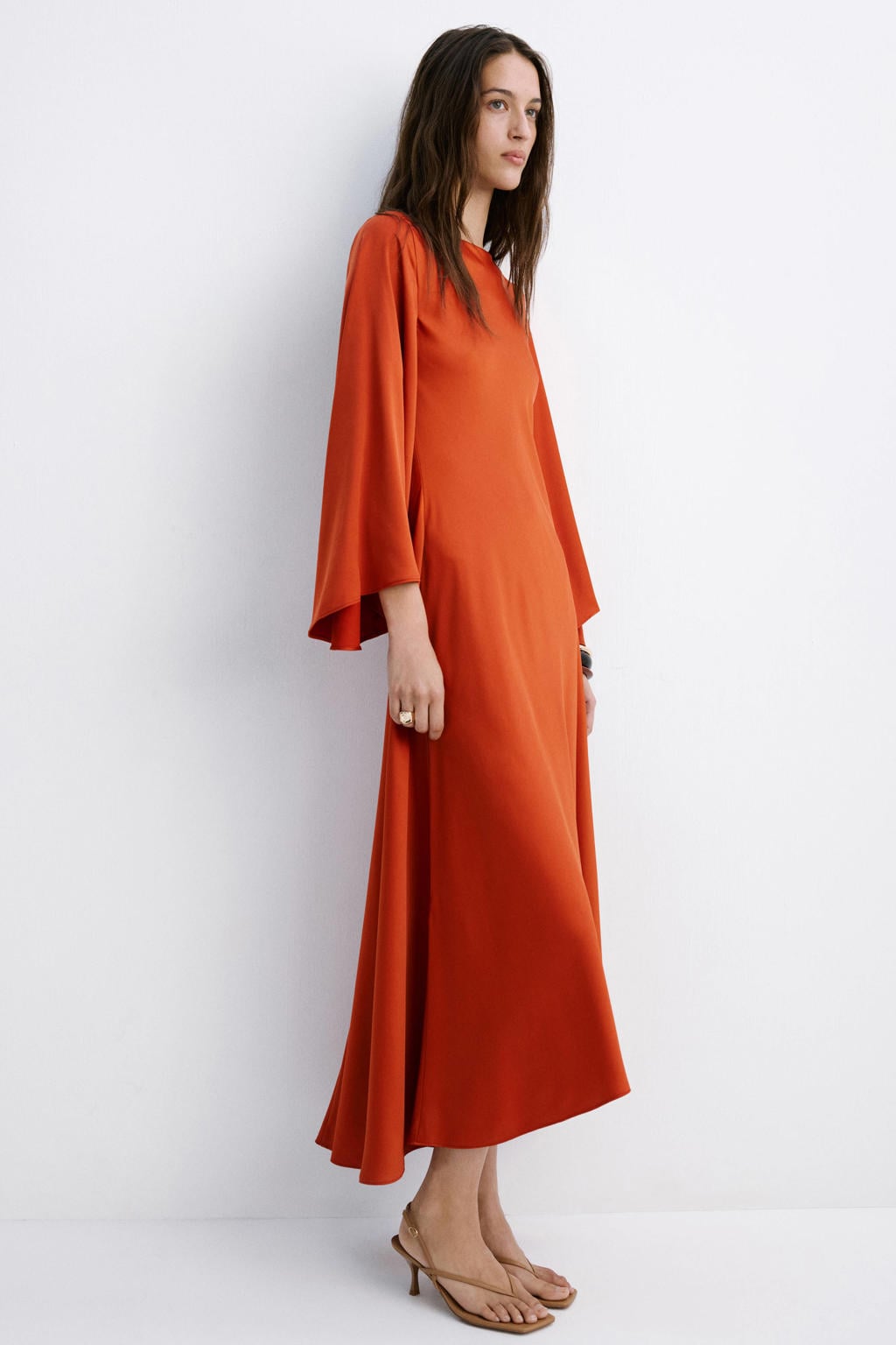 Oranje dames Mango midi jurk van polyester met effen, driekwart mouwen en ronde hals
