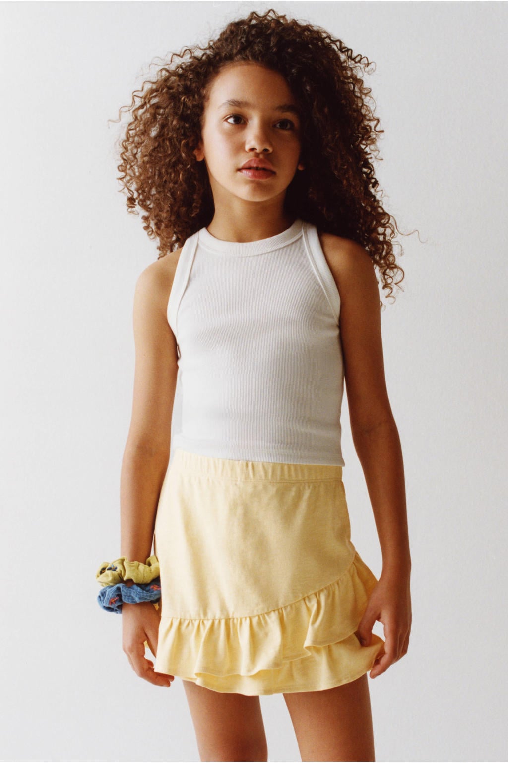 Lichtgele meisjes Mango Kids skort van katoen met elastische tailleband en effen