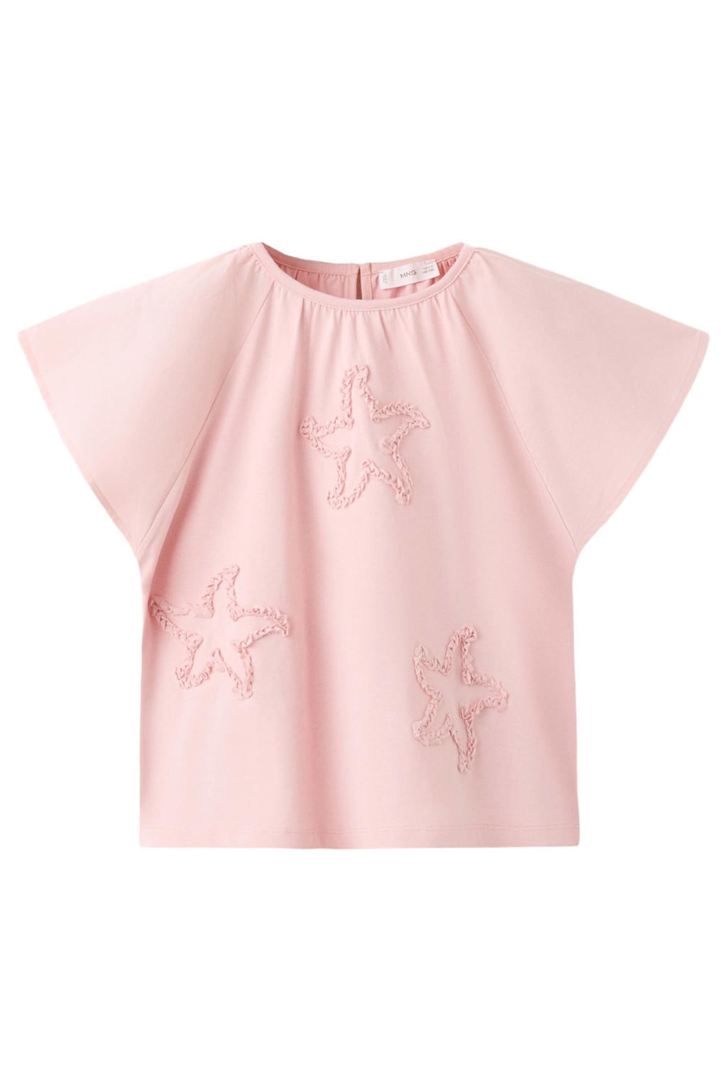 Lichtroze meisjes Mango Kids T-shirt van katoen met effen, korte mouwen, ronde hals, knoopsluiting en borduursels