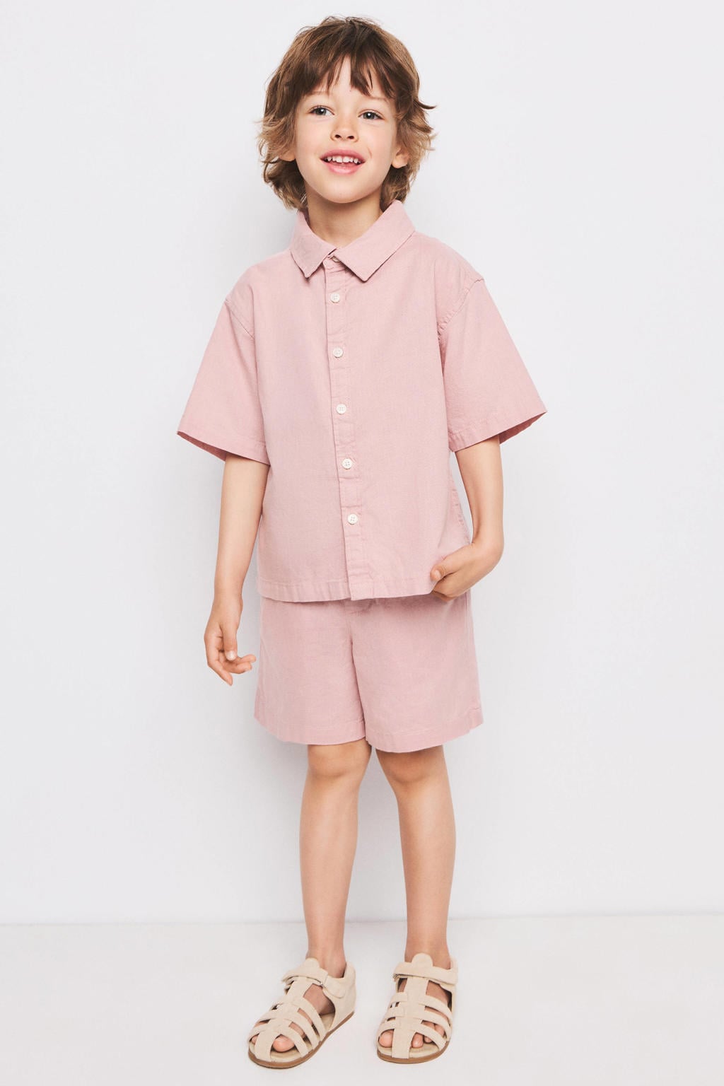 Roze jongens Mango Kids casual overhemd van katoen met effen, korte mouwen, klassieke kraag en knoopsluiting