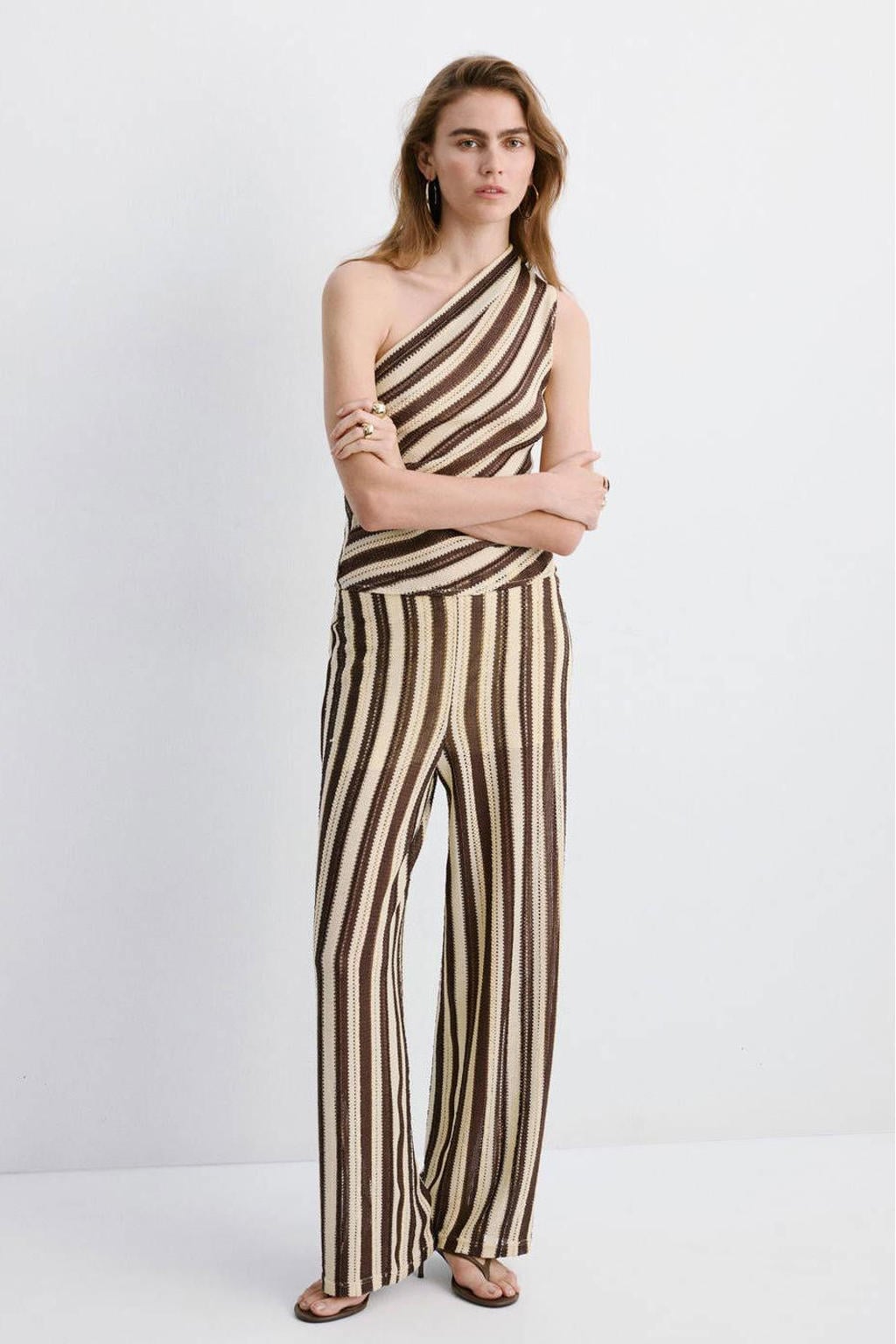 Bruin en ecru dames Mango gestreepte top fijn gebreid van polyester met one shoulder