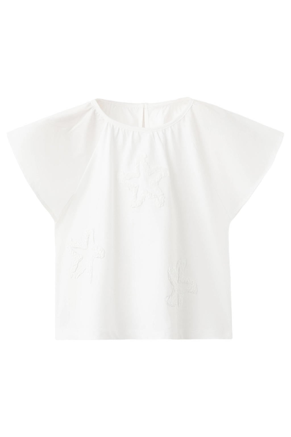 Witte meisjes Mango Kids T-shirt van katoen met effen, korte mouwen, ronde hals, knoopsluiting en borduursels