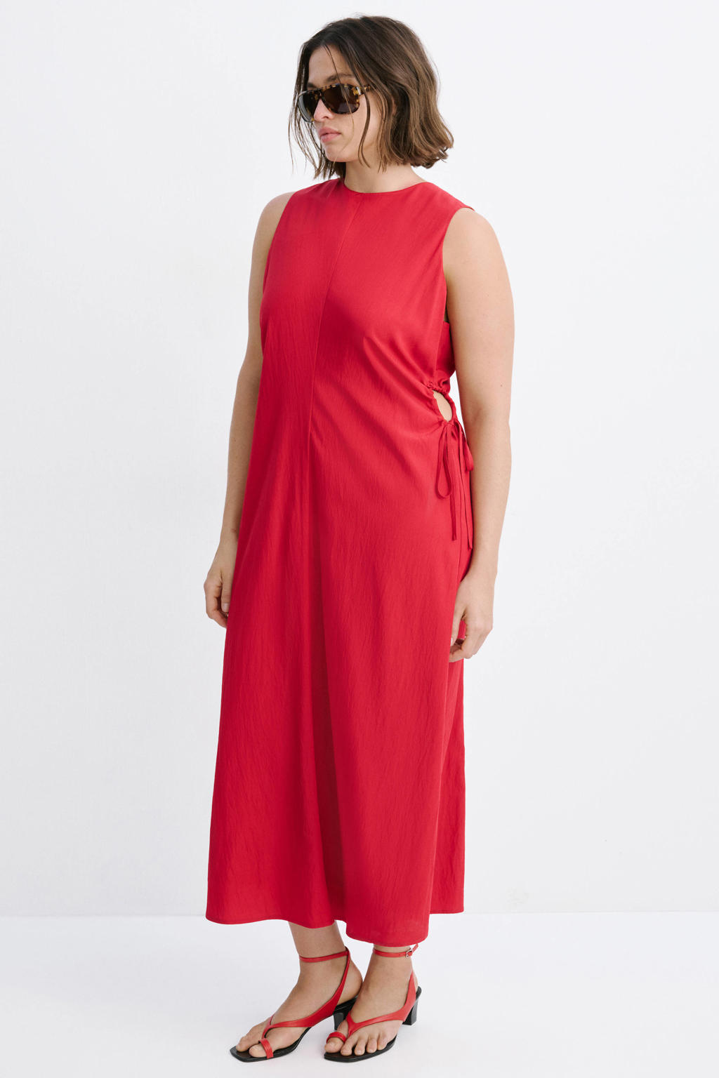 Rode dames Mango zomerjurk van viscose met effen, ronde hals, ritssluiting en open detail